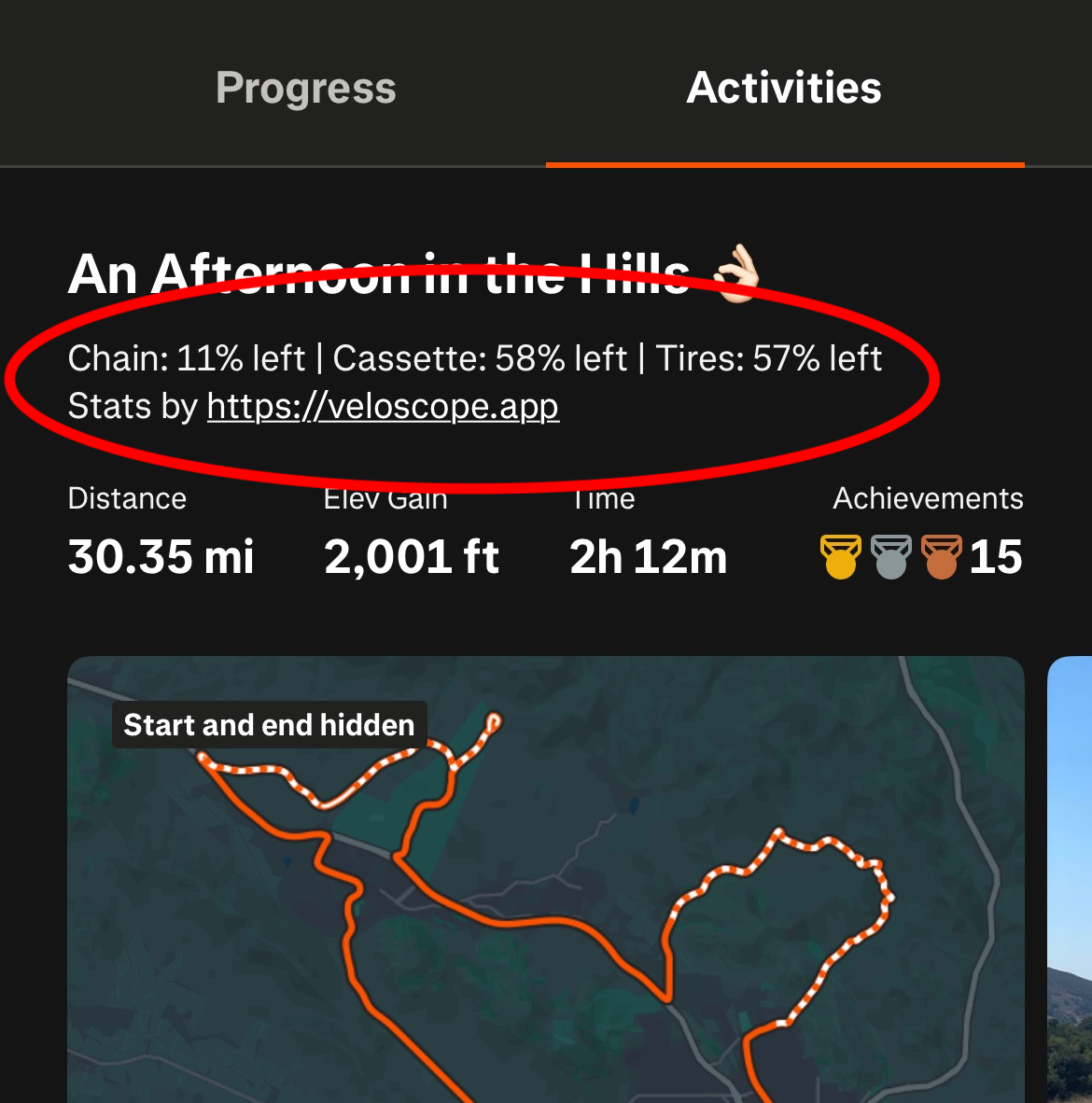 Example of VeloScope auto description on a Strava activity