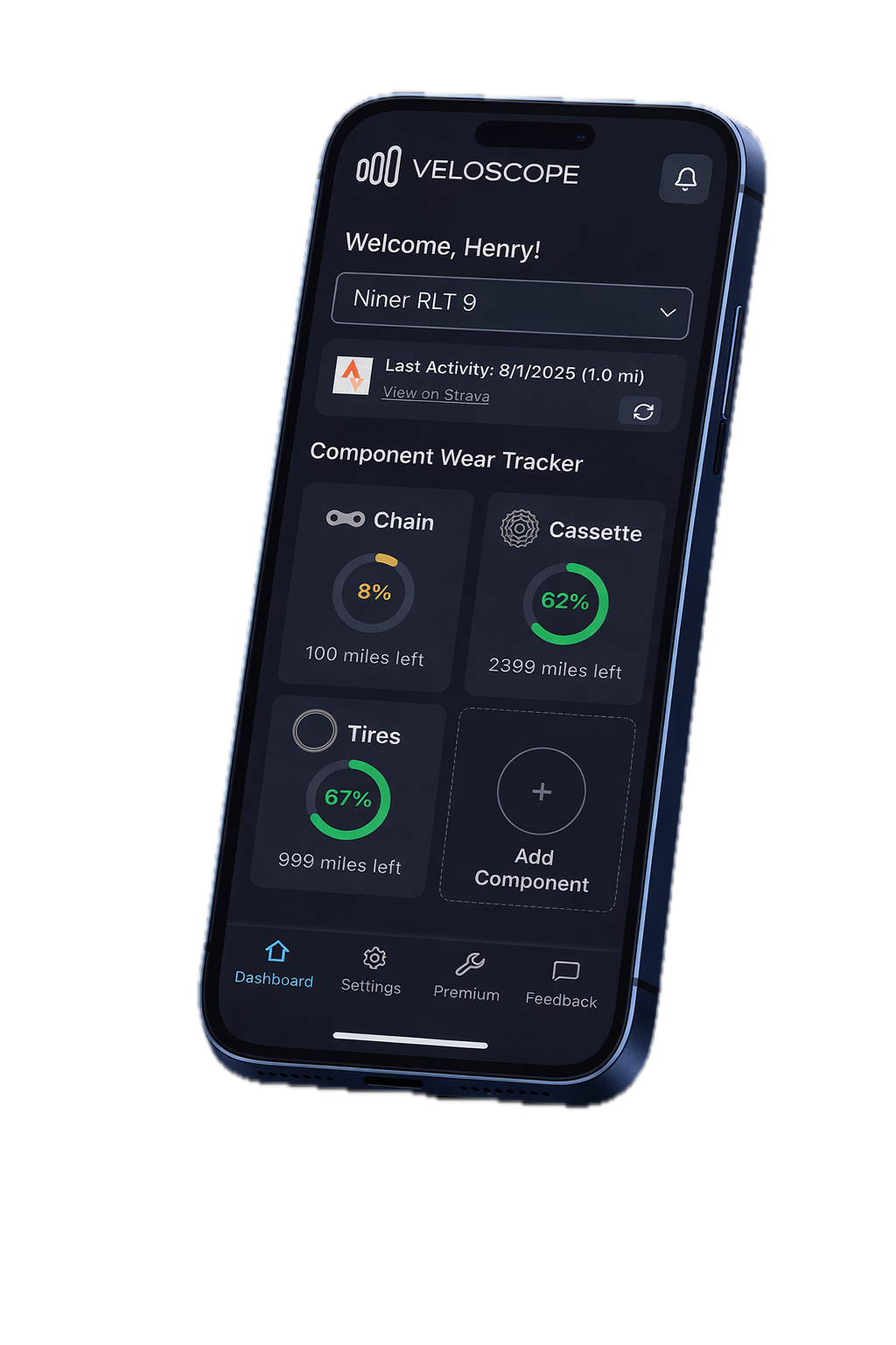 VeloScope dashboard on a phone